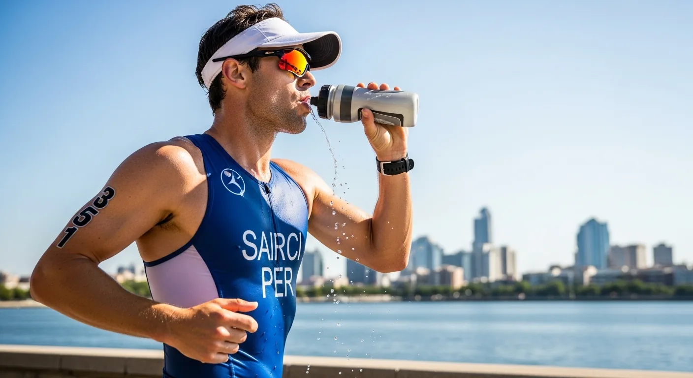 Triathlète buvant à son bidon pendant la section course à pied d'un triathlon en journée estivale