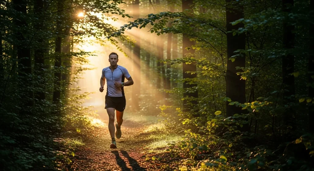 Triathlète courant à allure facile sur un sentier forestier au lever du soleil dans le cadre d'une préparation Ironman