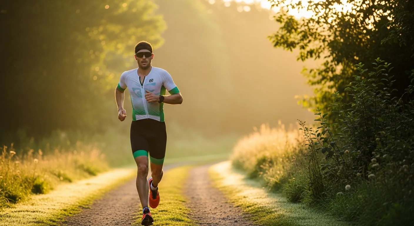 Triathlète courant à allure facile sur un chemin plat au lever du soleil avec montre GPS