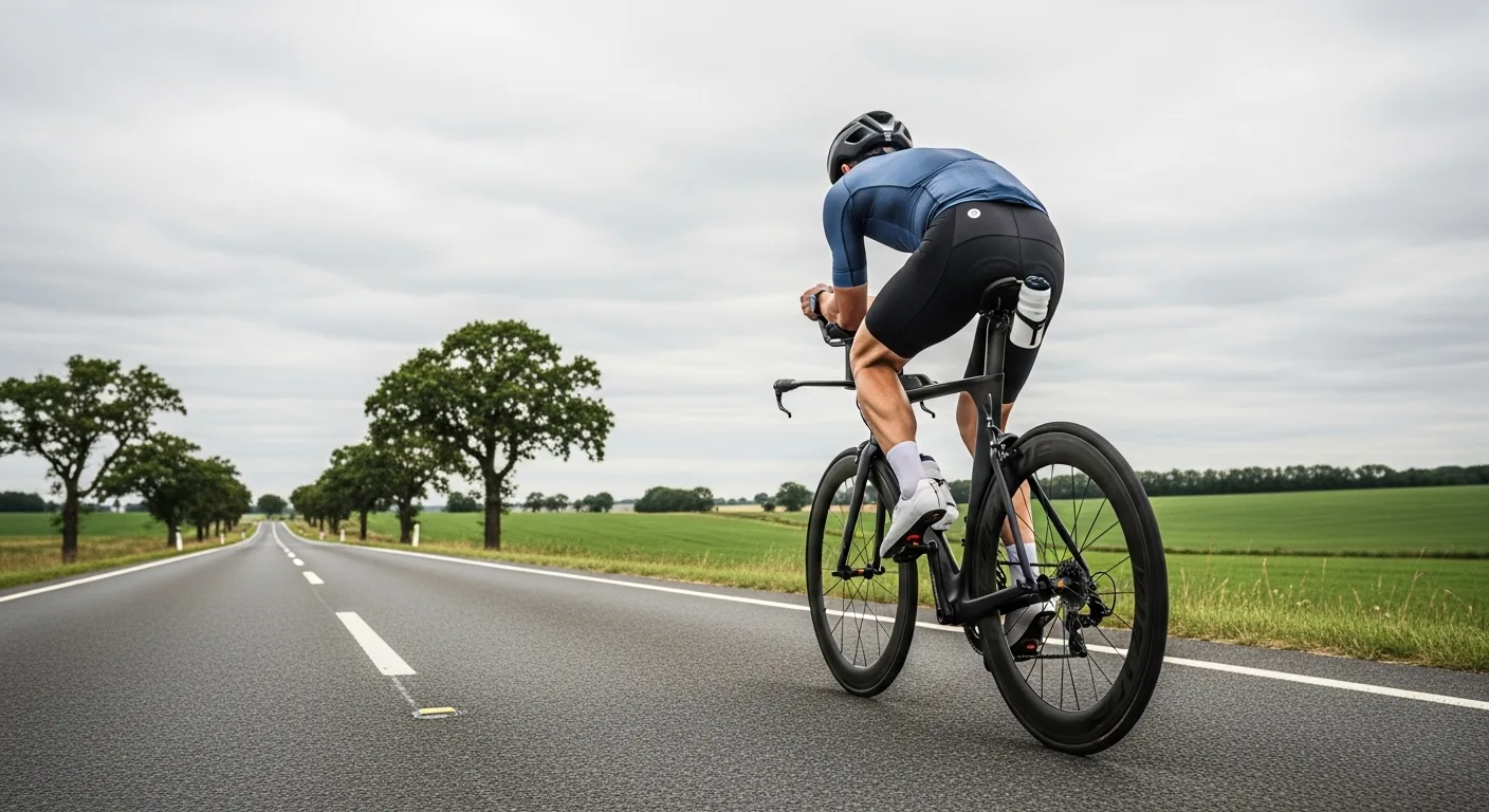 Triathlète en position aéro sur vélo de triathlon roulant à allure d'endurance sur route de campagne