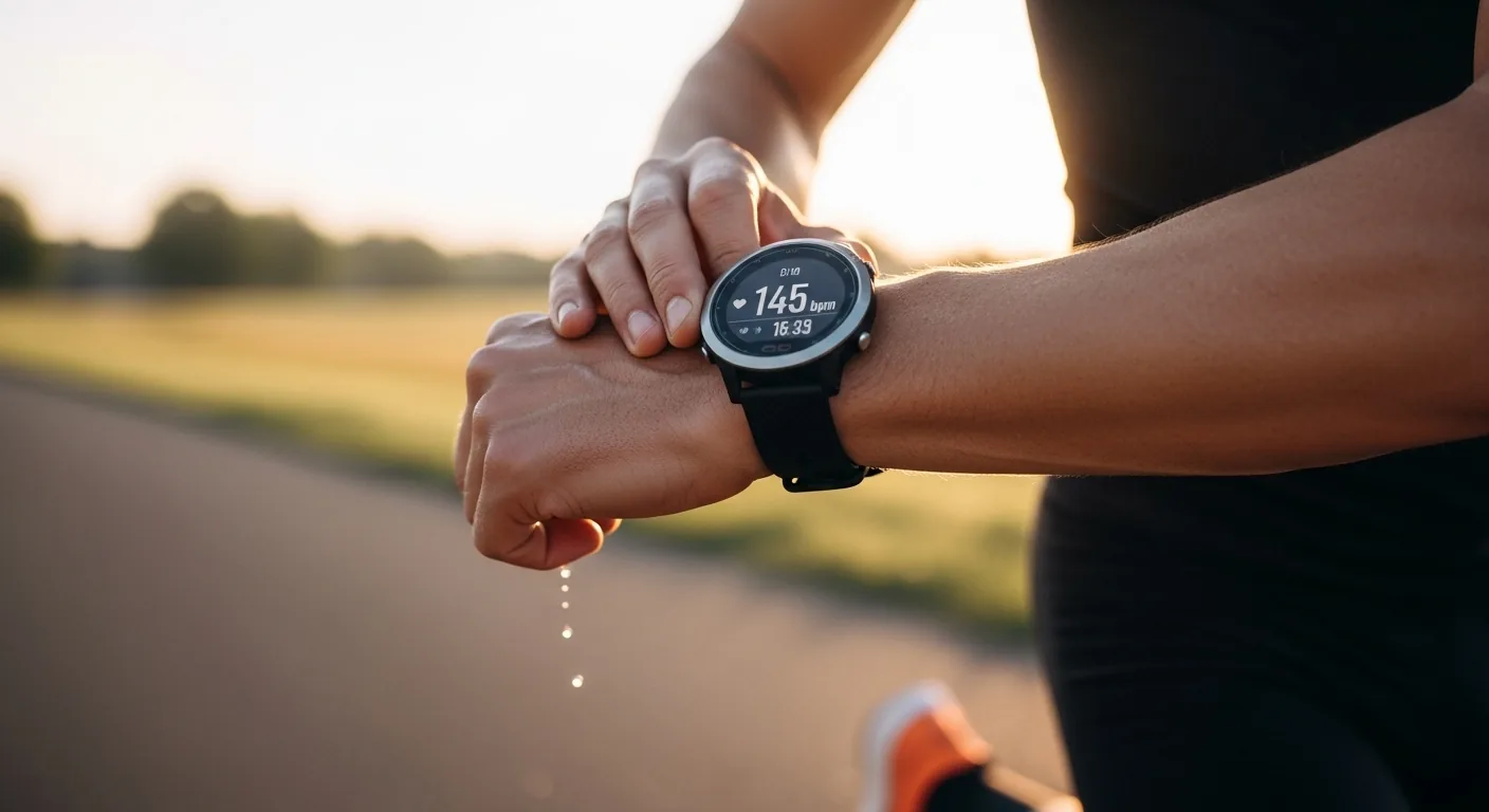 Triathlète vérifiant sa montre GPS pendant une sortie course à pied pour contrôler sa zone cardiaque