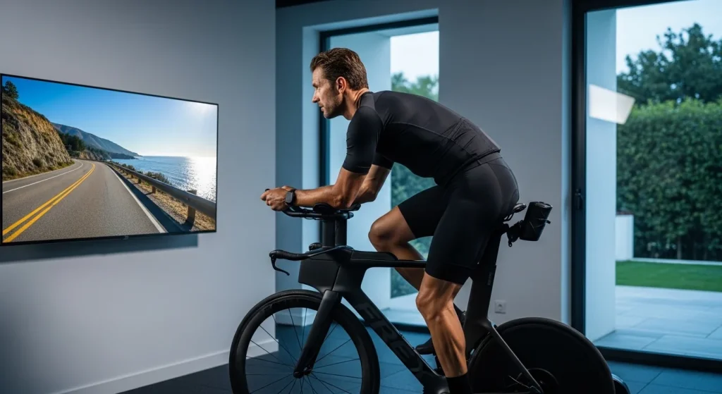 Triathlète sur smart trainer devant un écran montrant une route côtière filmée dans l'application ROUVY