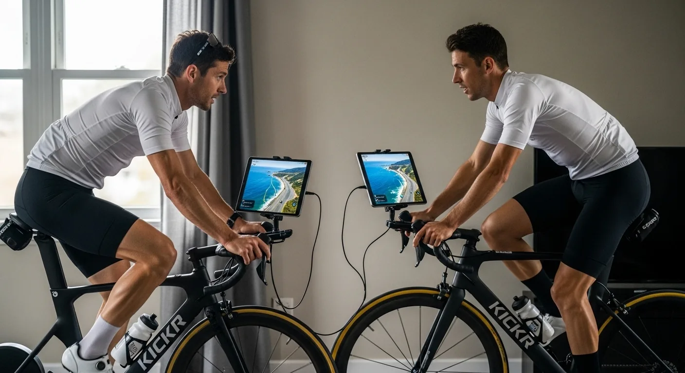 Séance d'entraînement sur home trainer intelligent connecté à ROUVY avec route vidéo