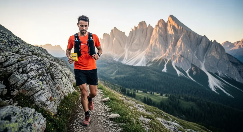 Coureur trail tenant un gel énergétique Ta Energy en sachet plat sur un sentier de montagne au coucher du soleil