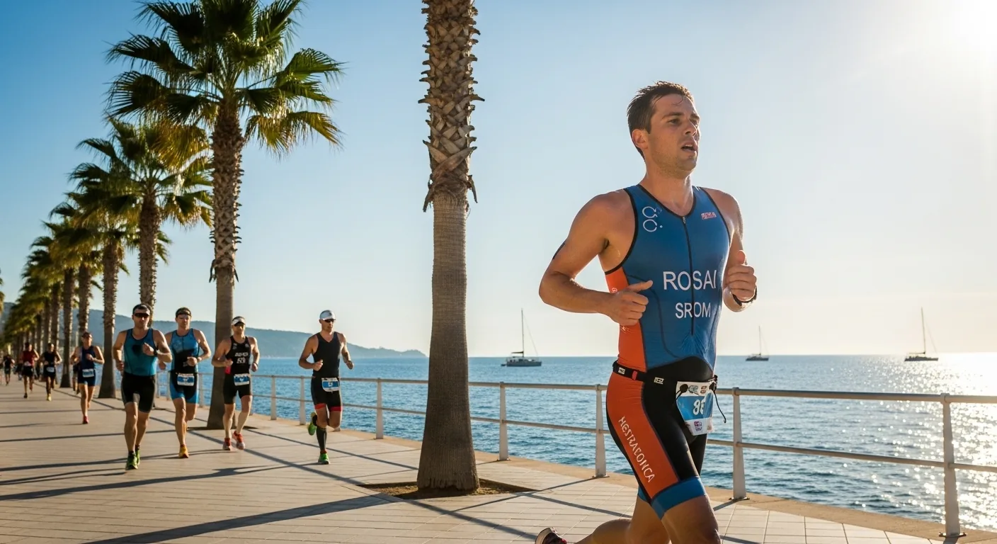 Triathlète courant sur une promenade balnéaire méditerranéenne ensoleillée pendant un Ironman avec palmiers et mer bleue