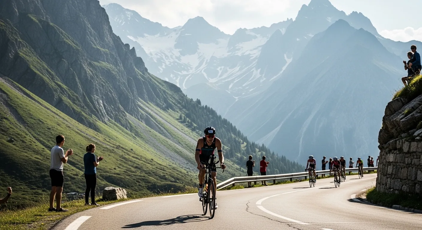 Triathlètes à vélo sur une route de montagne dans l'arrière-pays lors d'un Ironman avec public sur le bord de la route