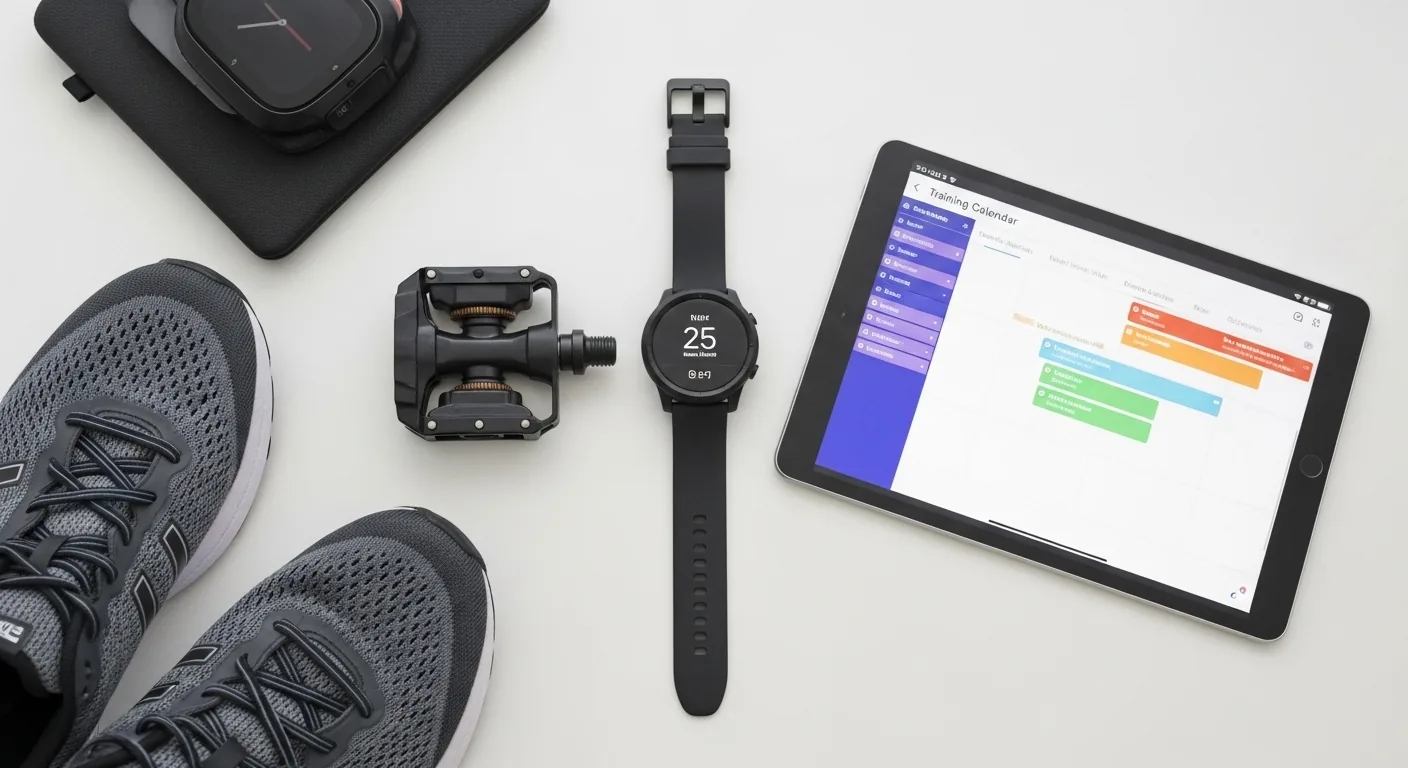Matériel de triathlon avec montre GPS, capteur de puissance et tablette montrant un calendrier d'entraînement