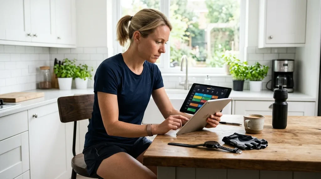 Triathlète examinant son plan d'entraînement hebdomadaire sur une tablette dans sa cuisine