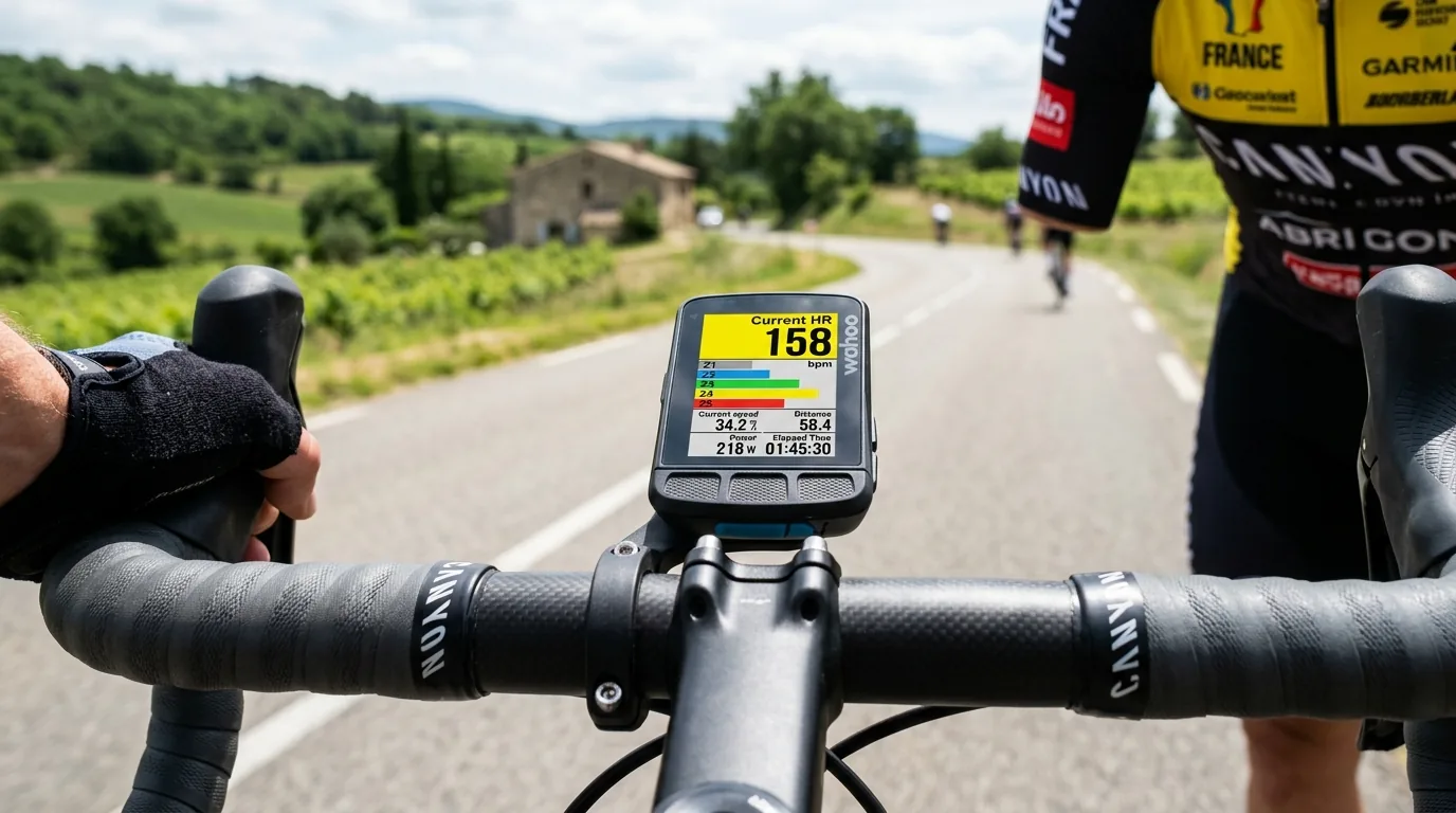 Triathlète vérifiant ses zones de fréquence cardiaque sur le compteur monté au cintre de son vélo de route