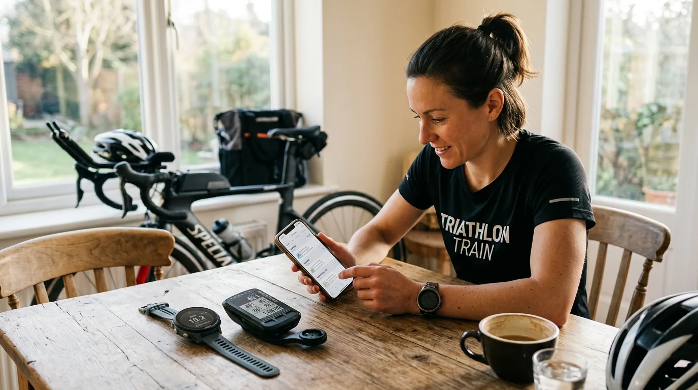 Triathlète consultant son plan d'entraînement sur smartphone à côté d'une montre de sport et d'un compteur vélo