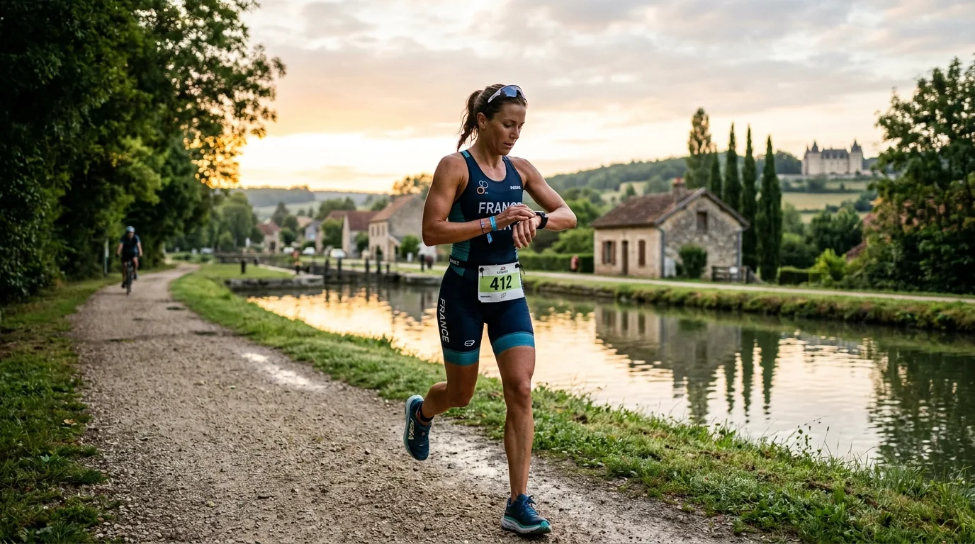 Triathlète regardant sa montre multisport pendant un footing matinal le long d'un canal