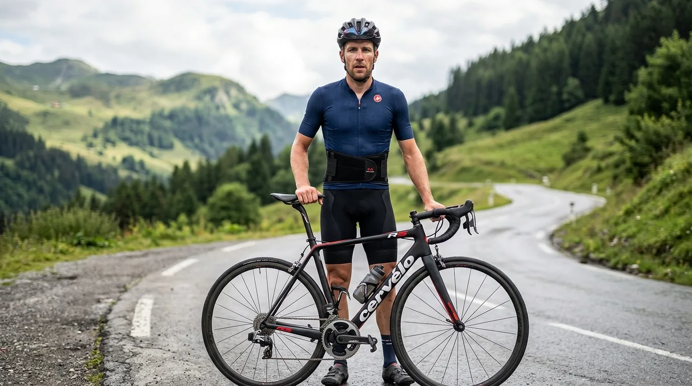 Cycliste portant une ceinture lombaire à renforts semi-rigides autour du bas du dos