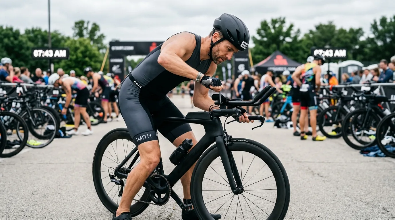 Triathlète réglant ses prolongateurs avant le départ d'une épreuve chronométrée