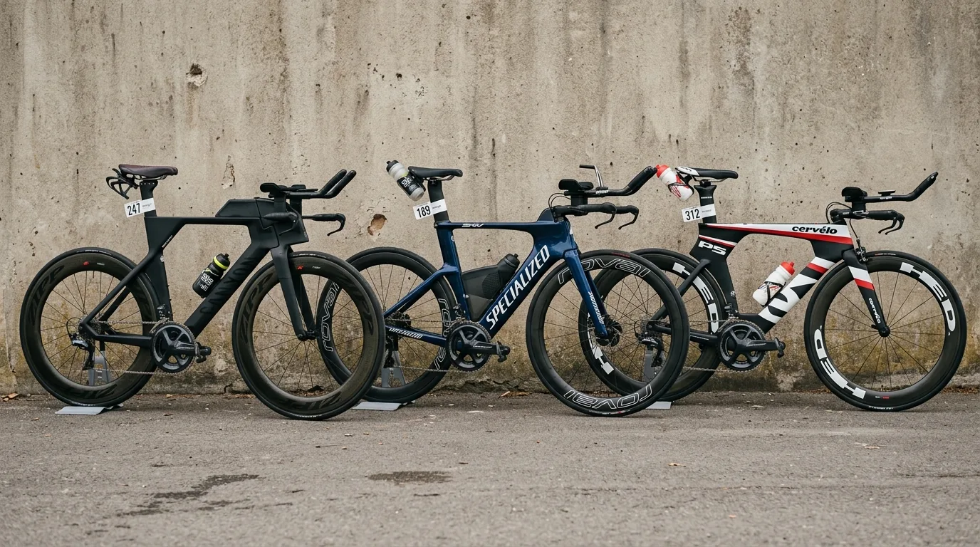 Trois vélos de contre-la-montre aux silhouettes de cadre différentes alignés avant comparaison