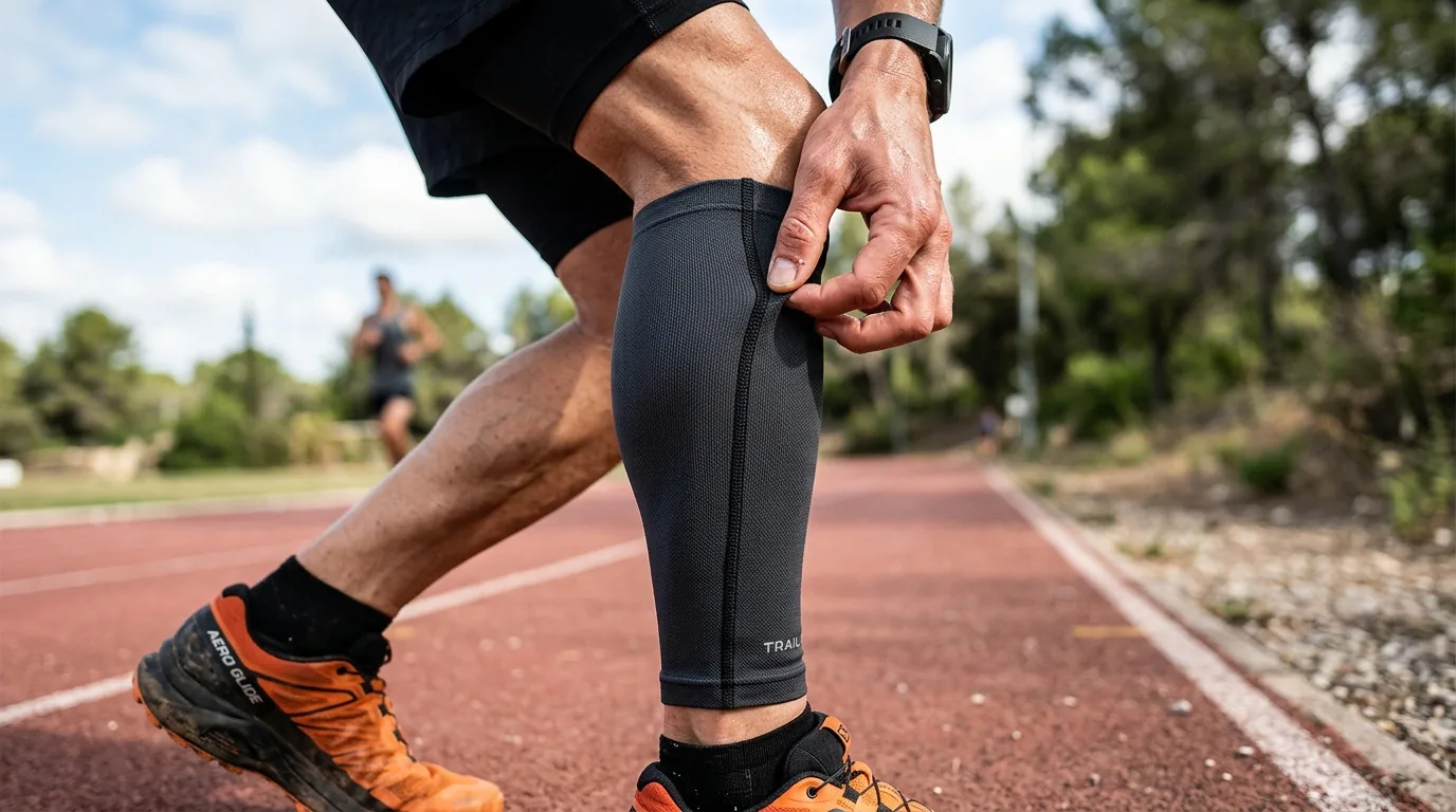 Coureur vérifiant l'ajustement et les coutures plates d'un manchon de compression au mollet