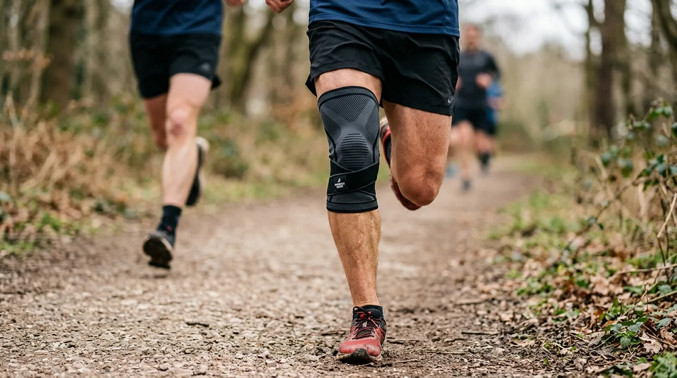 Genouillère de compression portée par un coureur pendant une sortie en extérieur