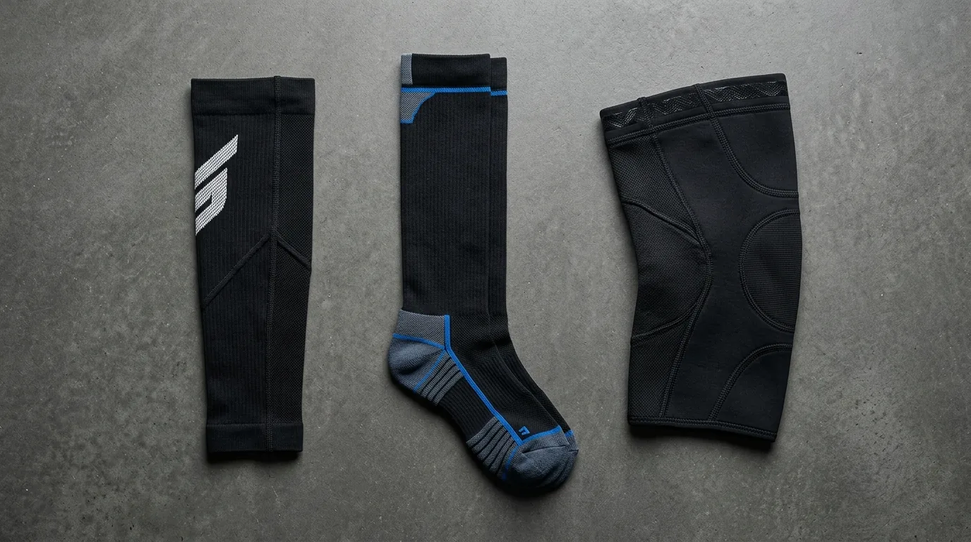 Manchon de mollet, chaussette et genouillère de compression posés côte à côte pour comparaison