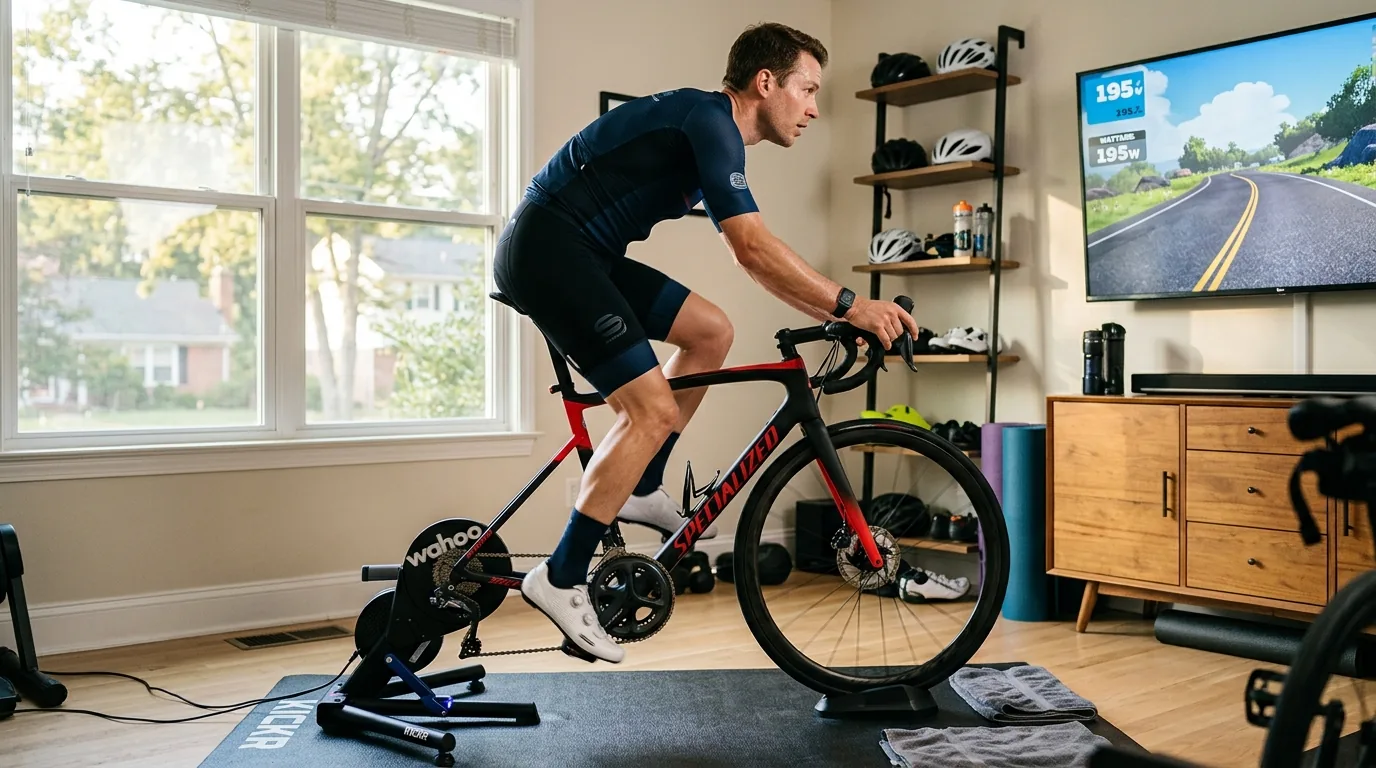 Cycliste sur home trainer en position redressée pendant la reprise après une côte fêlée