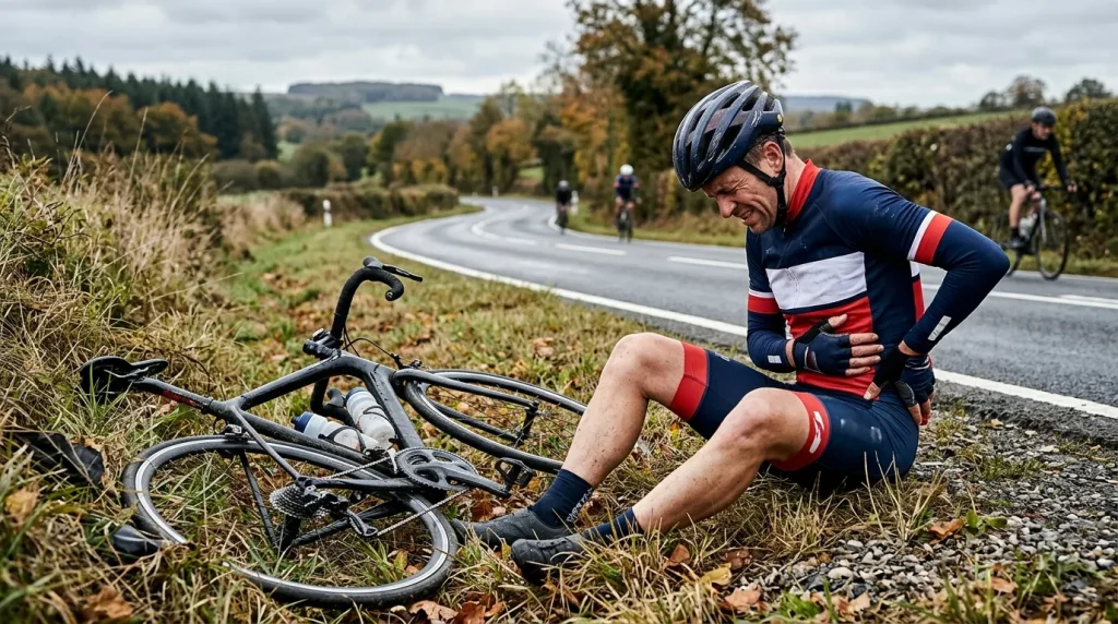Cycliste assis au bord de la route tenant ses côtes après une chute à vélo