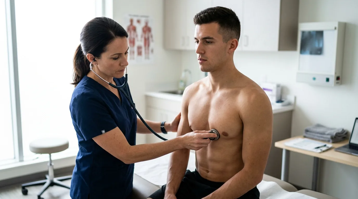 Médecin examinant le thorax d'un triathlète après une chute à vélo pour diagnostiquer une côte fêlée