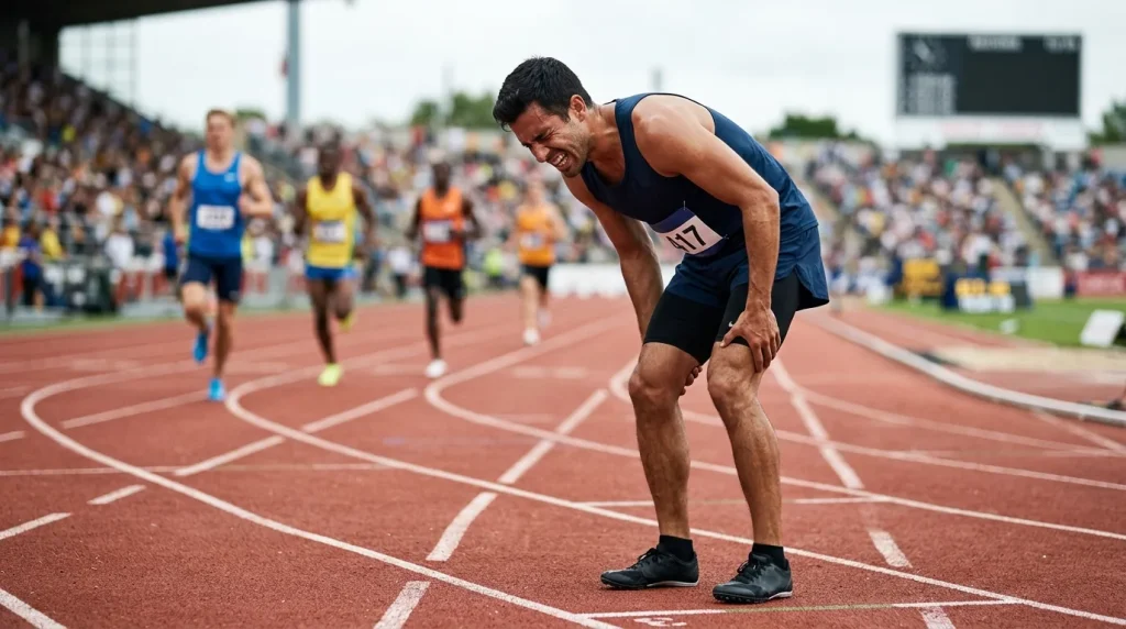 Coureur se tenant l'arrière de la cuisse après une déchirure musculaire aux ischio-jambiers
