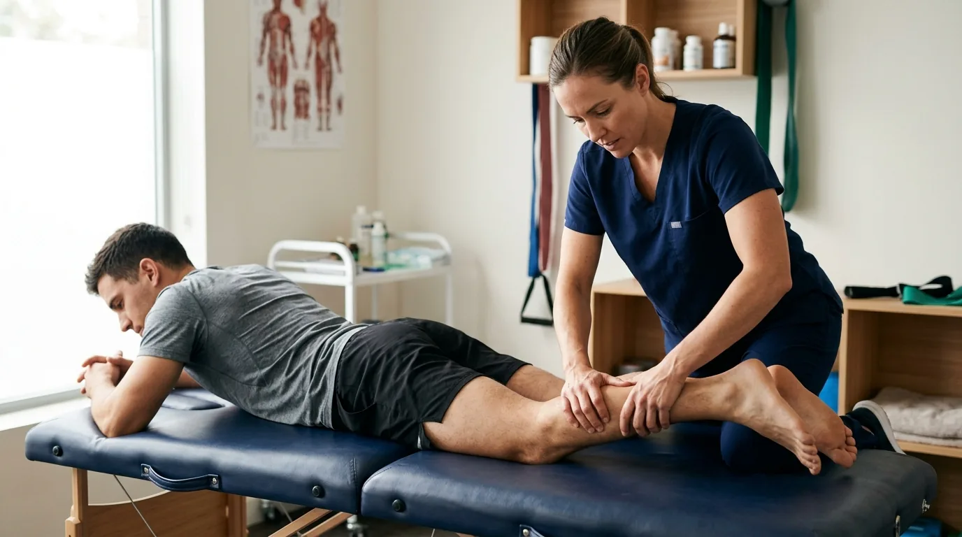Kinésithérapeute travaillant la cicatrisation d'une déchirure musculaire au mollet d'un triathlète