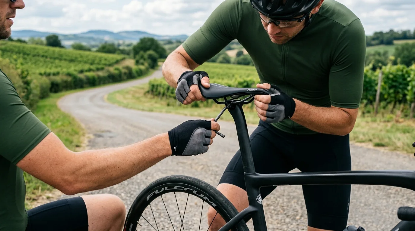Cycliste ajustant la hauteur de selle de son vélo pour limiter la flexion excessive du genou