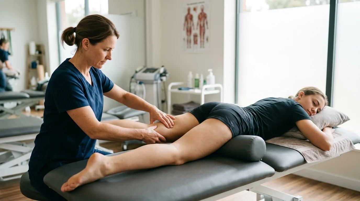 Kinésithérapeute examinant l'arrière du genou d'un coureur pour identifier la cause de la douleur