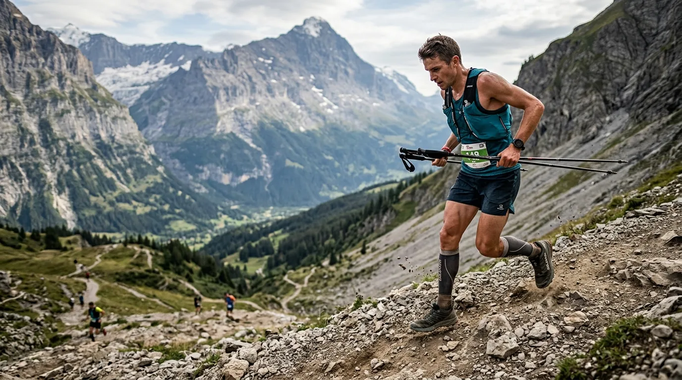 Coureur en pleine descente sur un sentier, mollets fortement sollicités en excentrique