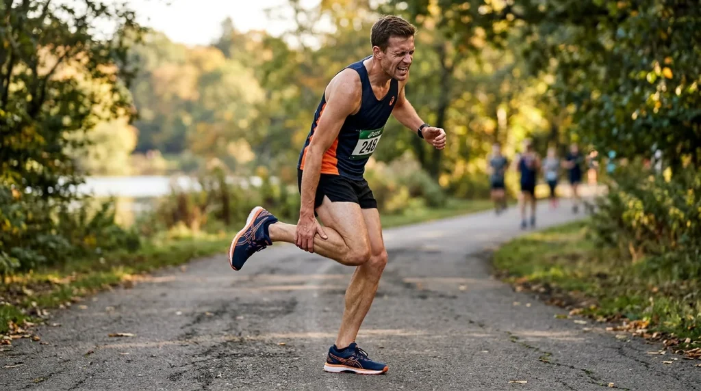 Coureur se tenant le mollet soudainement après une douleur aiguë en pleine course