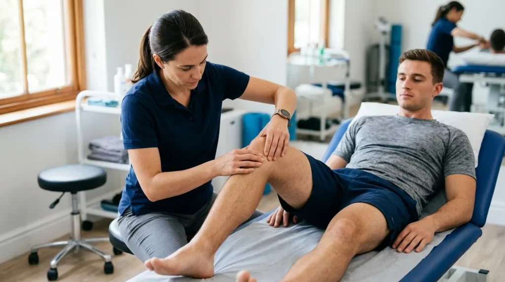 Kinésithérapeute examinant la ligne articulaire du genou d'un triathlète pour évaluer une fissure du ménisque