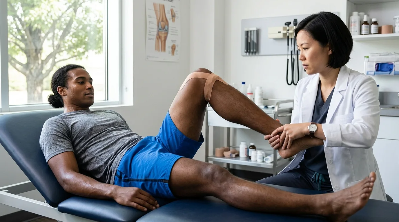 Médecin du sport testant la mobilité du genou pour diagnostiquer une fissure du ménisque