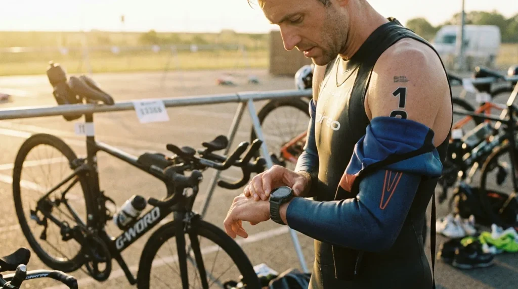 Triathlète ajustant sa montre GPS multisport en zone de transition avant une course