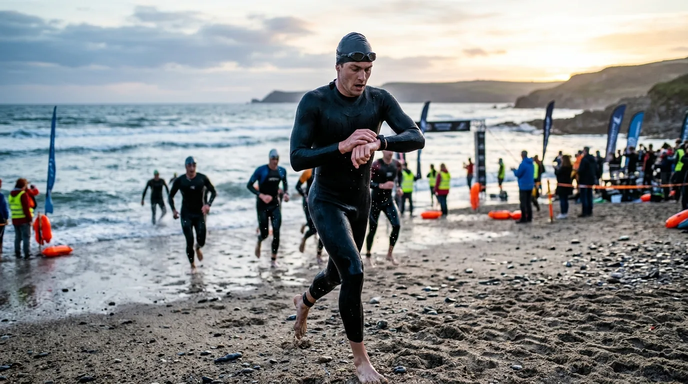Triathlète consultant sa montre GPS en sortant de l'eau lors d'une épreuve