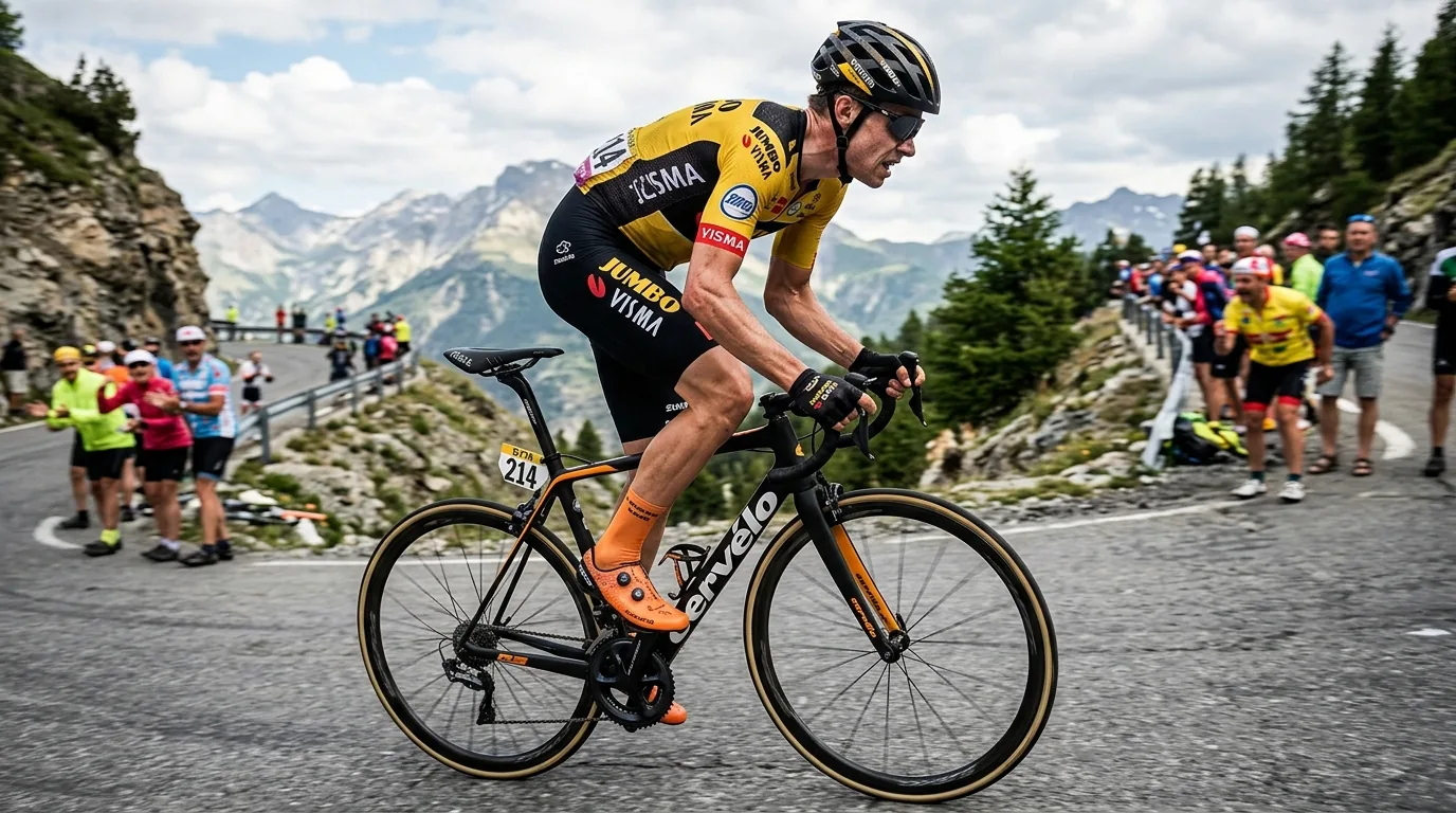 Cycliste debout hors de sa selle en plein effort de danseuse