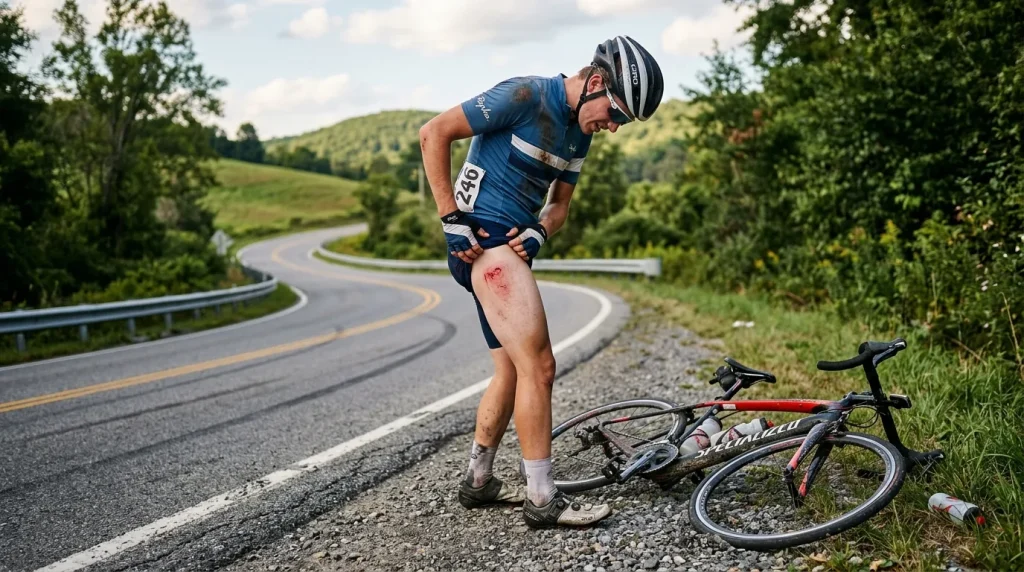 Cycliste debout près de son vélo tombé au sol après une chute, vérifiant sa hanche