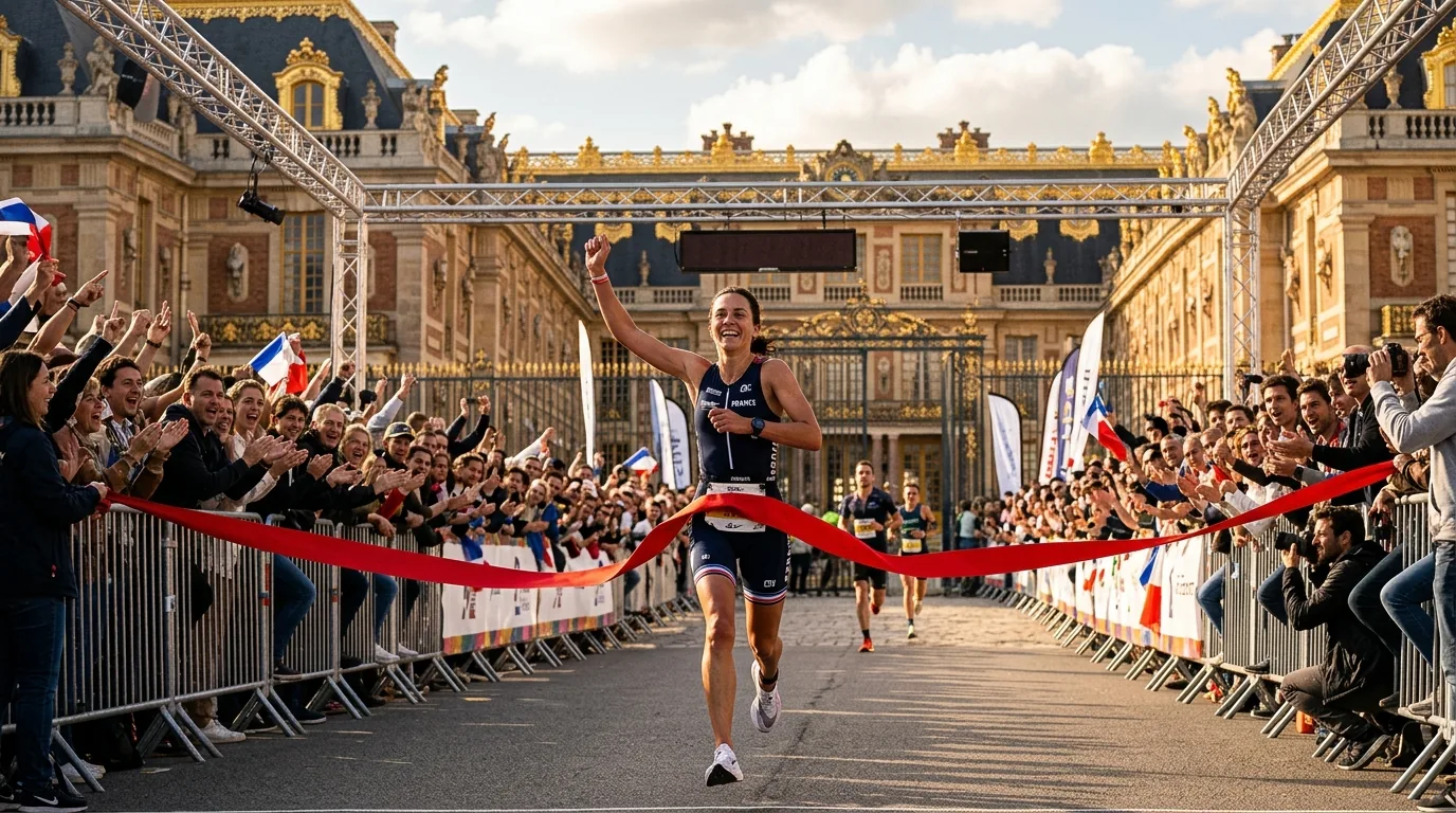 Arrivée d'un triathlète avenue de Paris face à la grille d'honneur du château