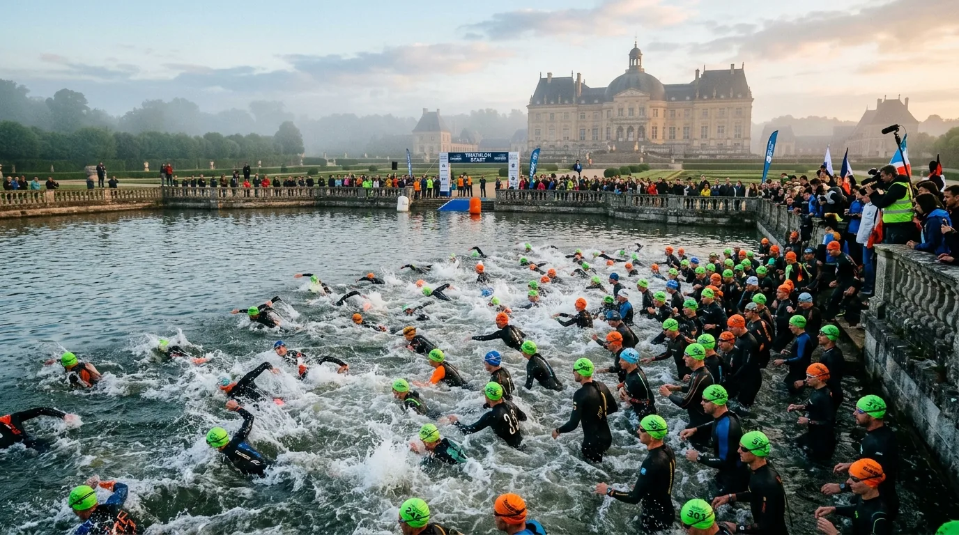 Départ groupé de la natation dans la Pièce d'Eau des Suisses au petit matin
