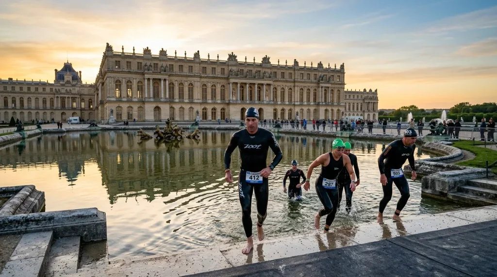 Triathlètes sortant de l'eau devant le château de Versailles au petit matin lors de l'Ironman 70.3