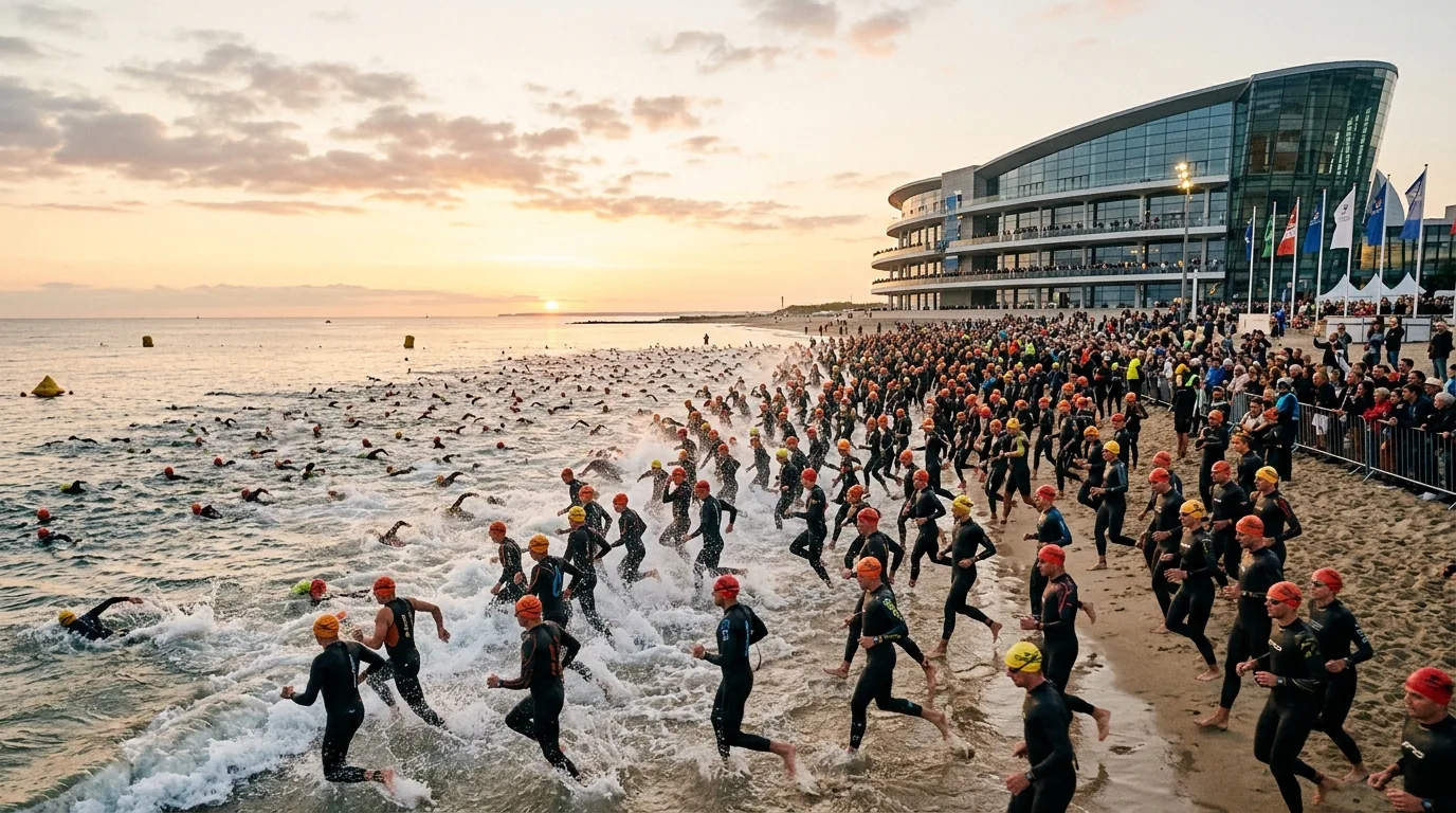Départ groupé des athlètes sur la Grande Plage des Sables-d'Olonne au lever du jour