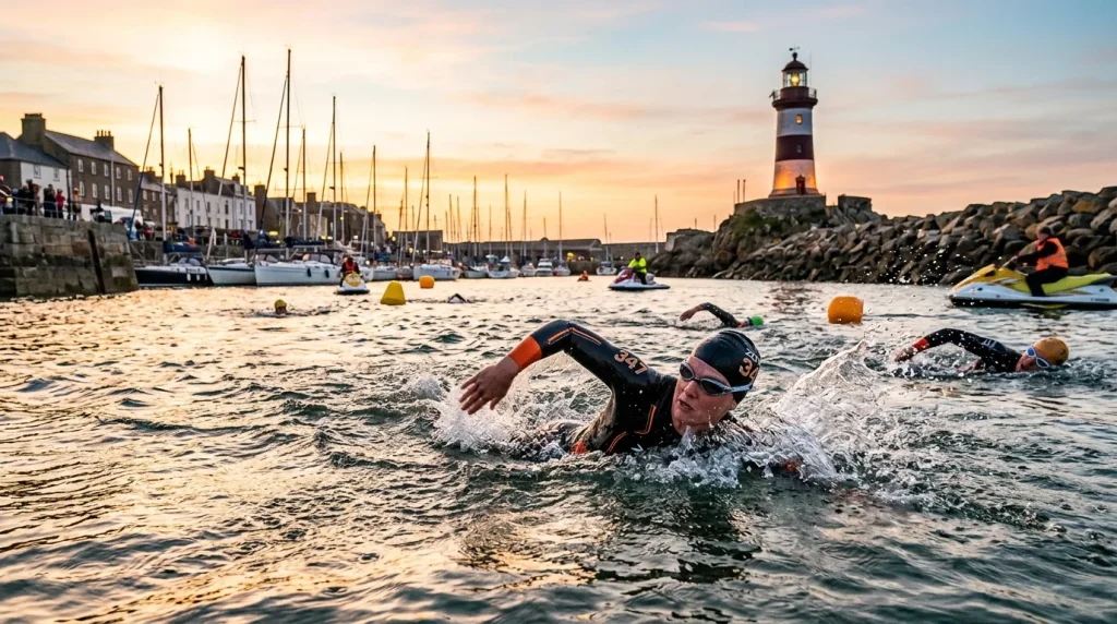 Triathlète nageant dans le chenal historique du Vendée Globe aux Sables-d'Olonne au lever du jour