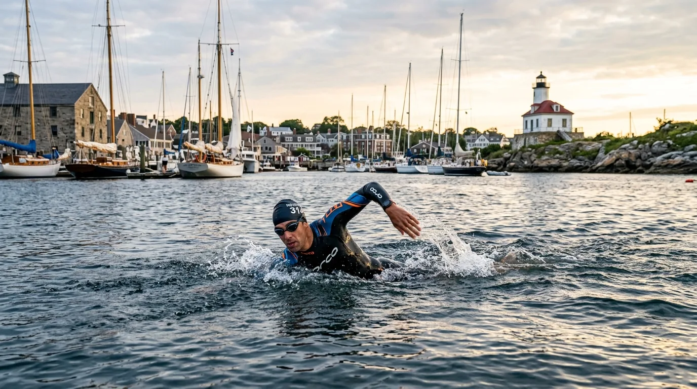 Triathlète nageant dans le chenal historique du Vendée Globe aux Sables-d'Olonne