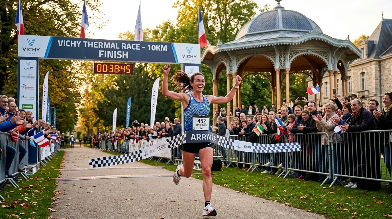 Coureur franchissant l'arrivée près du kiosque à musique du Parc des Sources
