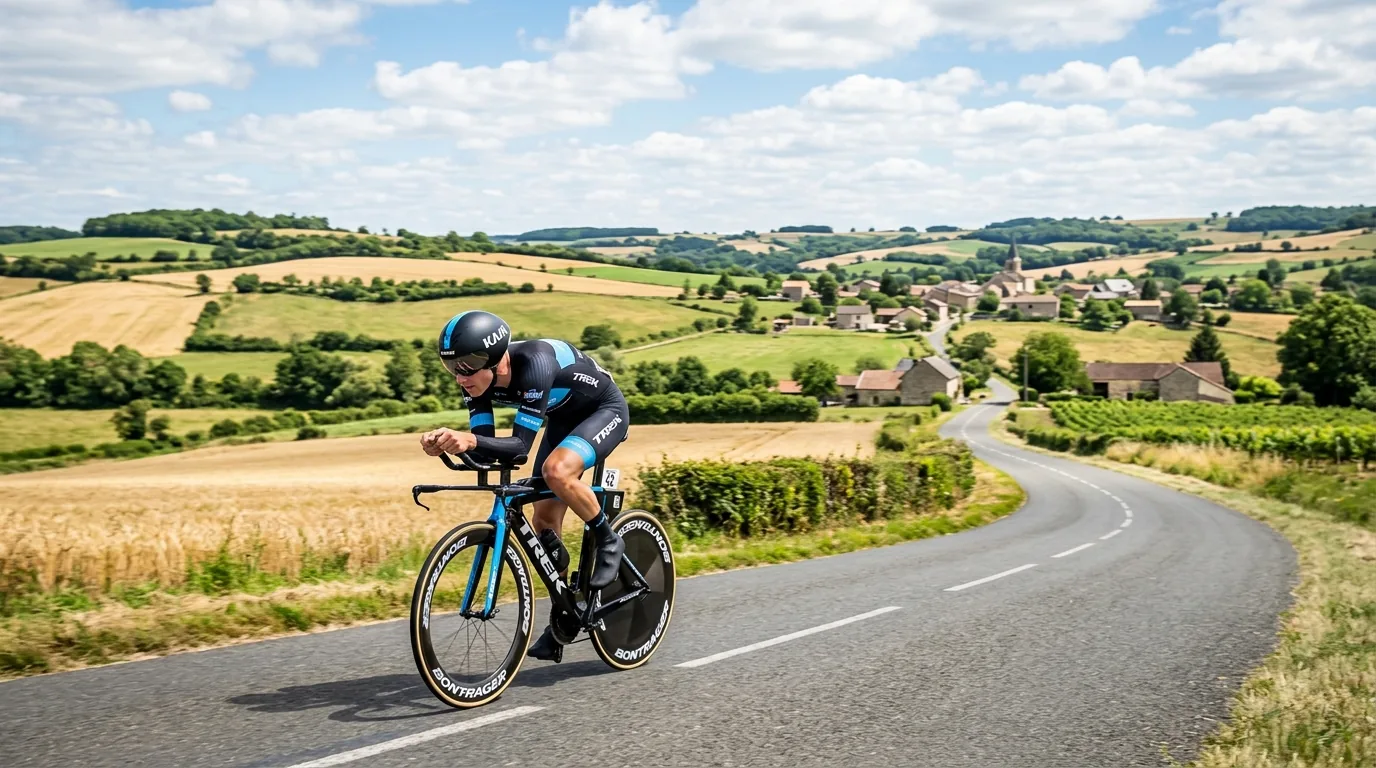 Cycliste traversant la campagne vallonnée du Bourbonnais