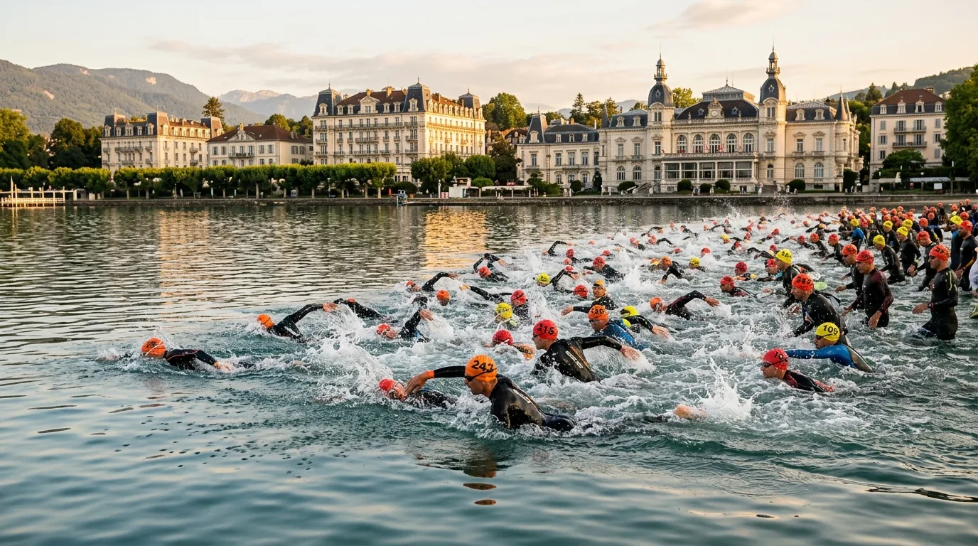 Départ groupé de la natation dans le lac d'Allier à Vichy