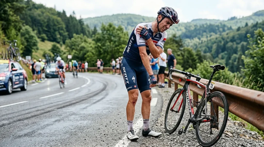 Cycliste tenant son épaule douloureuse après une chute à vélo sur le moignon