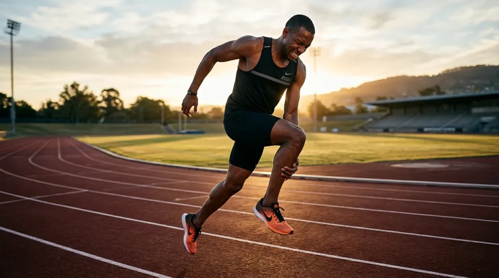 Coureur touchant son tibia douloureux pendant un entraînement en extérieur
