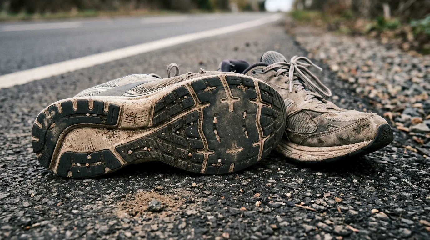 Paire de chaussures de running usées posées sur le bitume avant remplacement