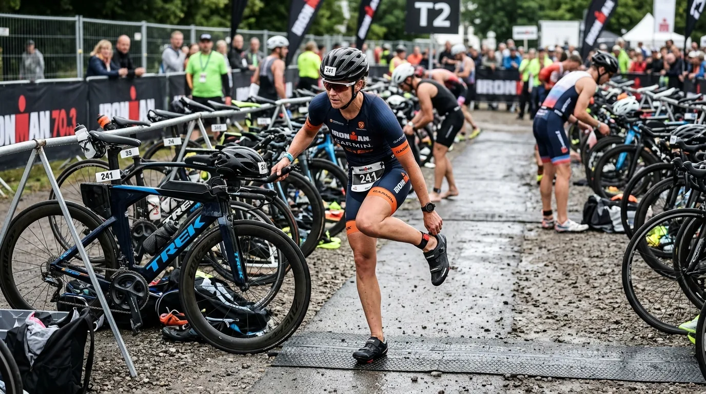 Triathlète en pleine transition vélo-course, moment clé de surcharge pour le tibia
