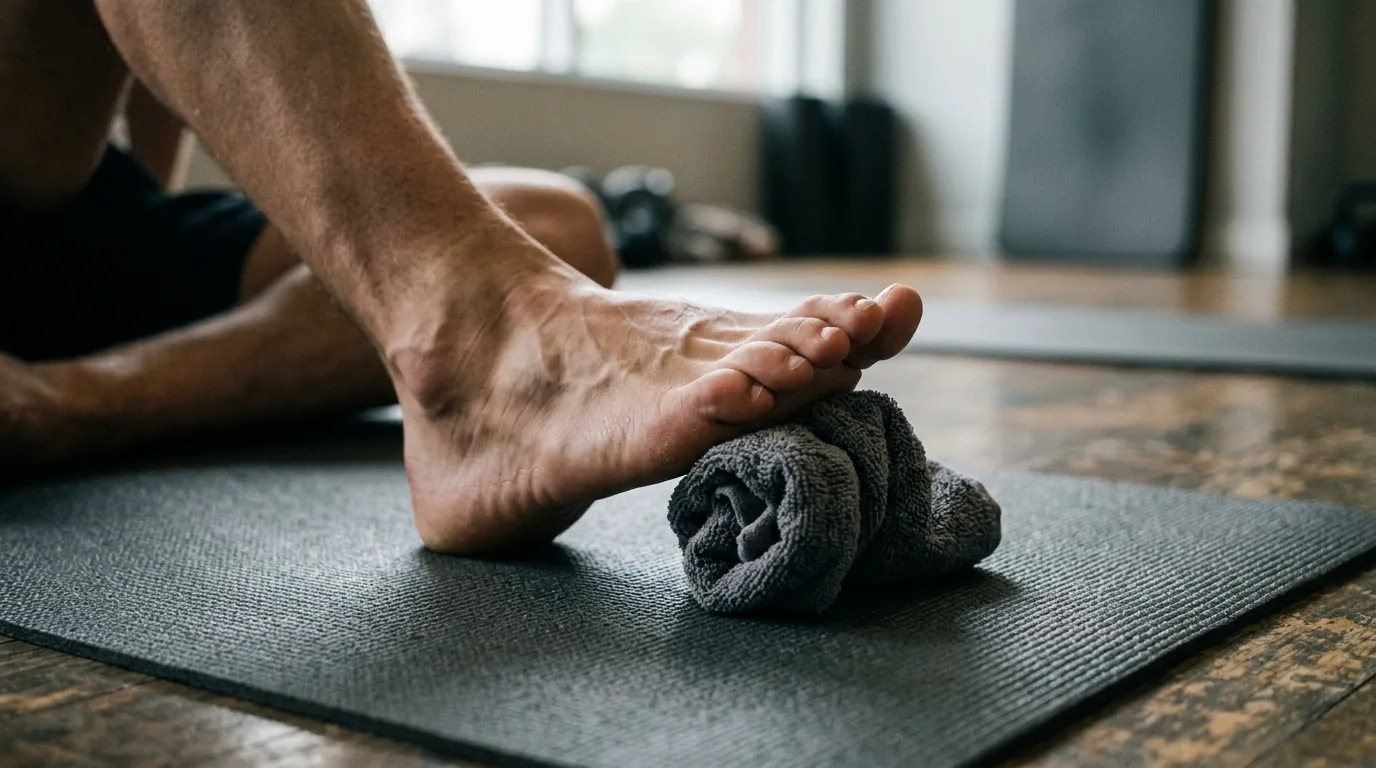 Exercice de renforcement des muscles intrinsèques du pied avec une serviette